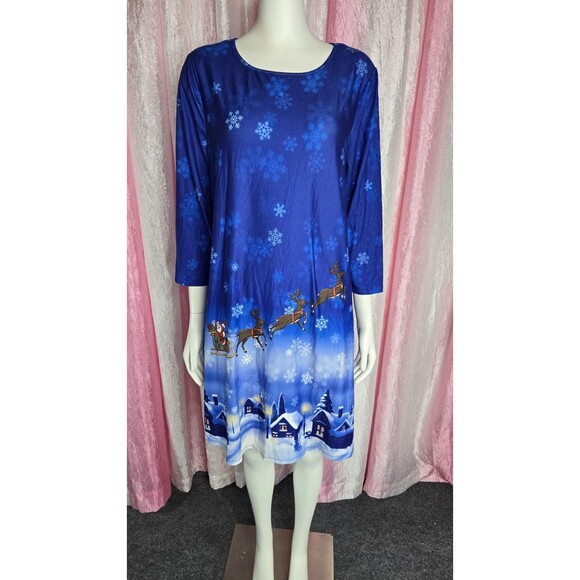 Christmas Santa Claus Reindeer Sliegh Snowflake Blue Dress Size Large - Picture 2 of 8